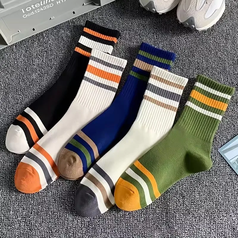 5 Pairs Men's Colorful Striped Casual Socks, Fashionable Sports Socks, Sweat Absorbing And Breathable, Suitable For All Seasons