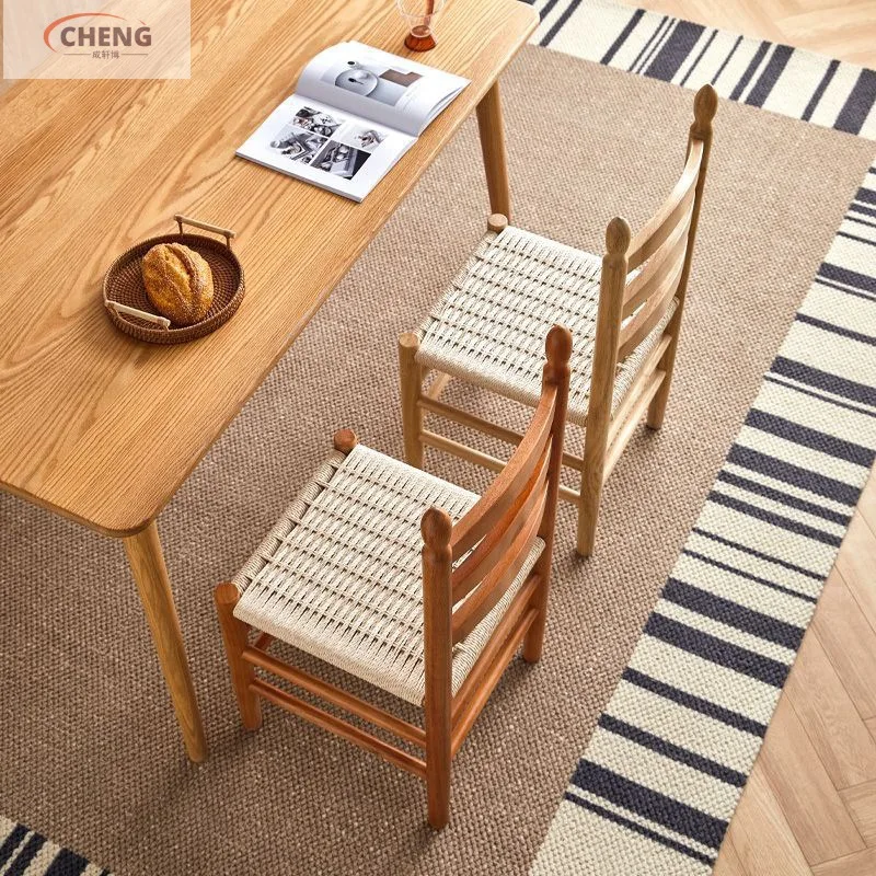 

Oak dining chair household Japanese solid wood backrest retro rope dining table and chairs