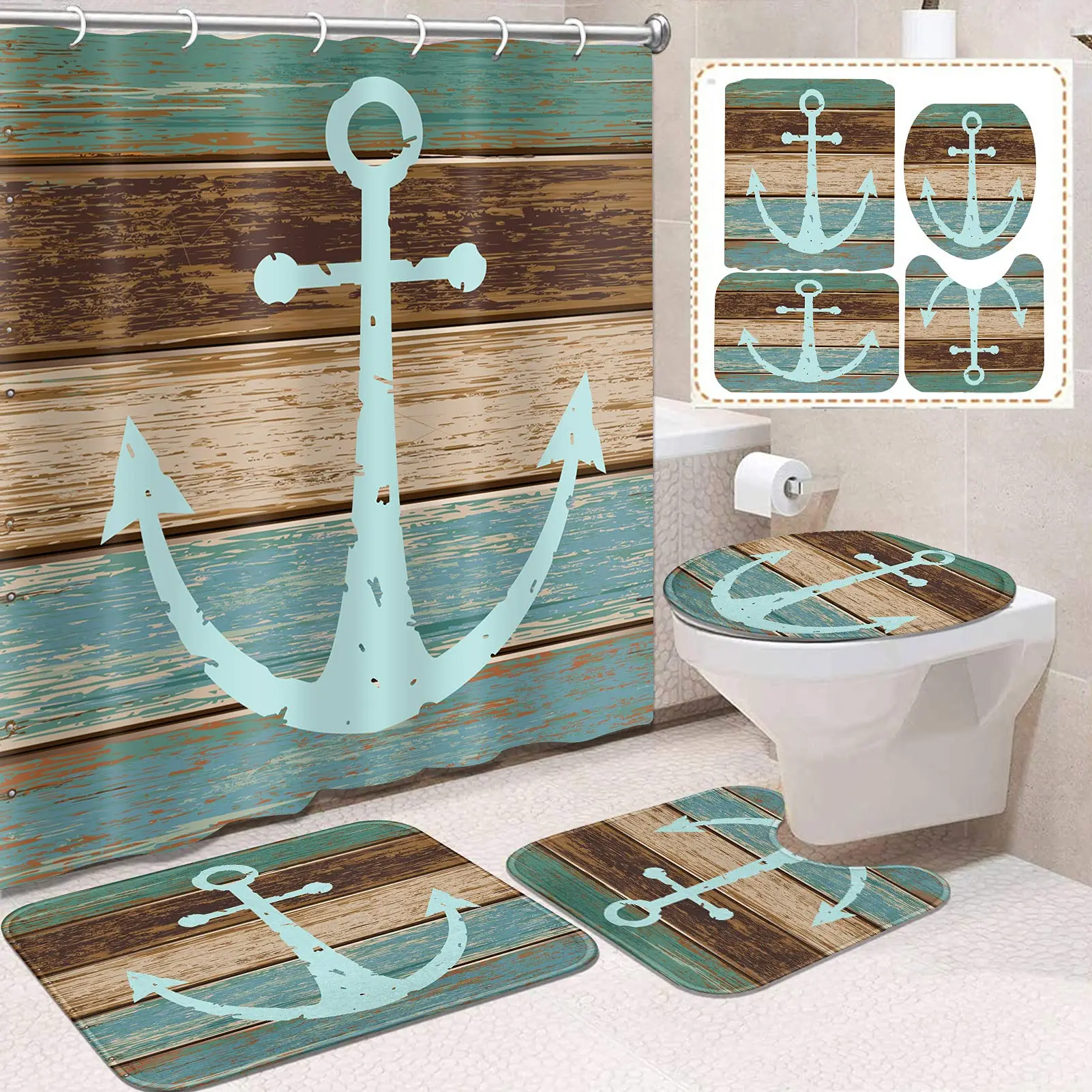 

Anchor Shower Curtain Sets Non-Slip Rug Toilet Cover Bath Mat Nautical Anchor Rustic Wood Shower Curtain Waterproof Bathroom Set