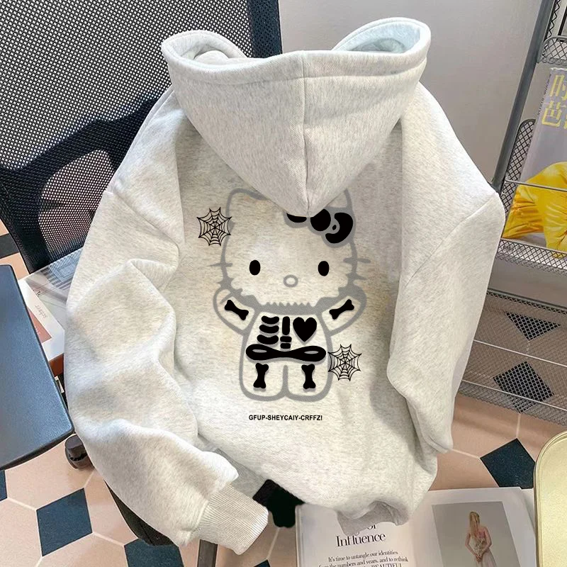 

American Style Halloween Skeleton Hello Kitty Hooded Sweatshirt for Women & Men, Autumn and Winter Loose Couple Hoodies Clothes