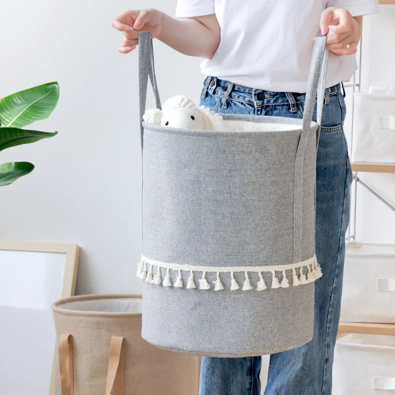 

Simple Cotton And Linen Fabric Cirty Clothes Bucket Basket, Large And Thickened Portable Toys, Snacks, Foldable