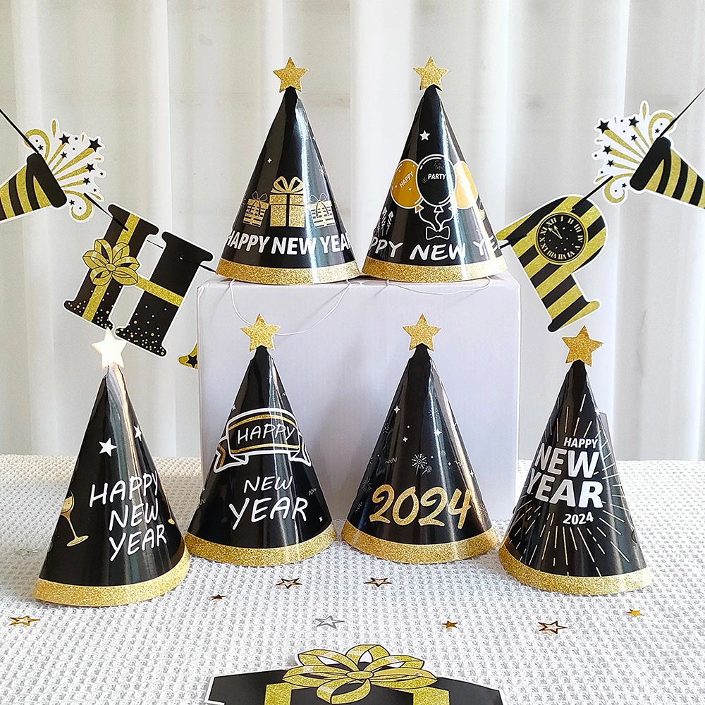 

6pcs Happy New Year Party Hats Cone Hat Black Gold Crown 2024 New Year Eve Party Decor Children Dress Up Props Christmas Supplie