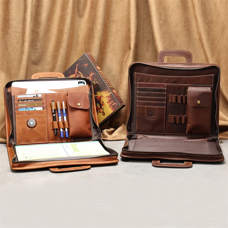 High Quality New Vintage A4 Brown Crazy Horse Genuine Leather Executive Office Women Men Briefcase Handbag Portfolio Bag M2215