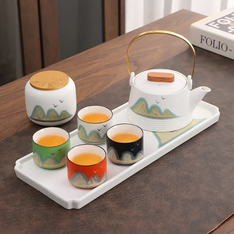 Handmade National Trend of Kungfu Tea Set, One Pot and Four Cups, Household Ceramic Teapot and Teacup Set Tea Sets Complete Set