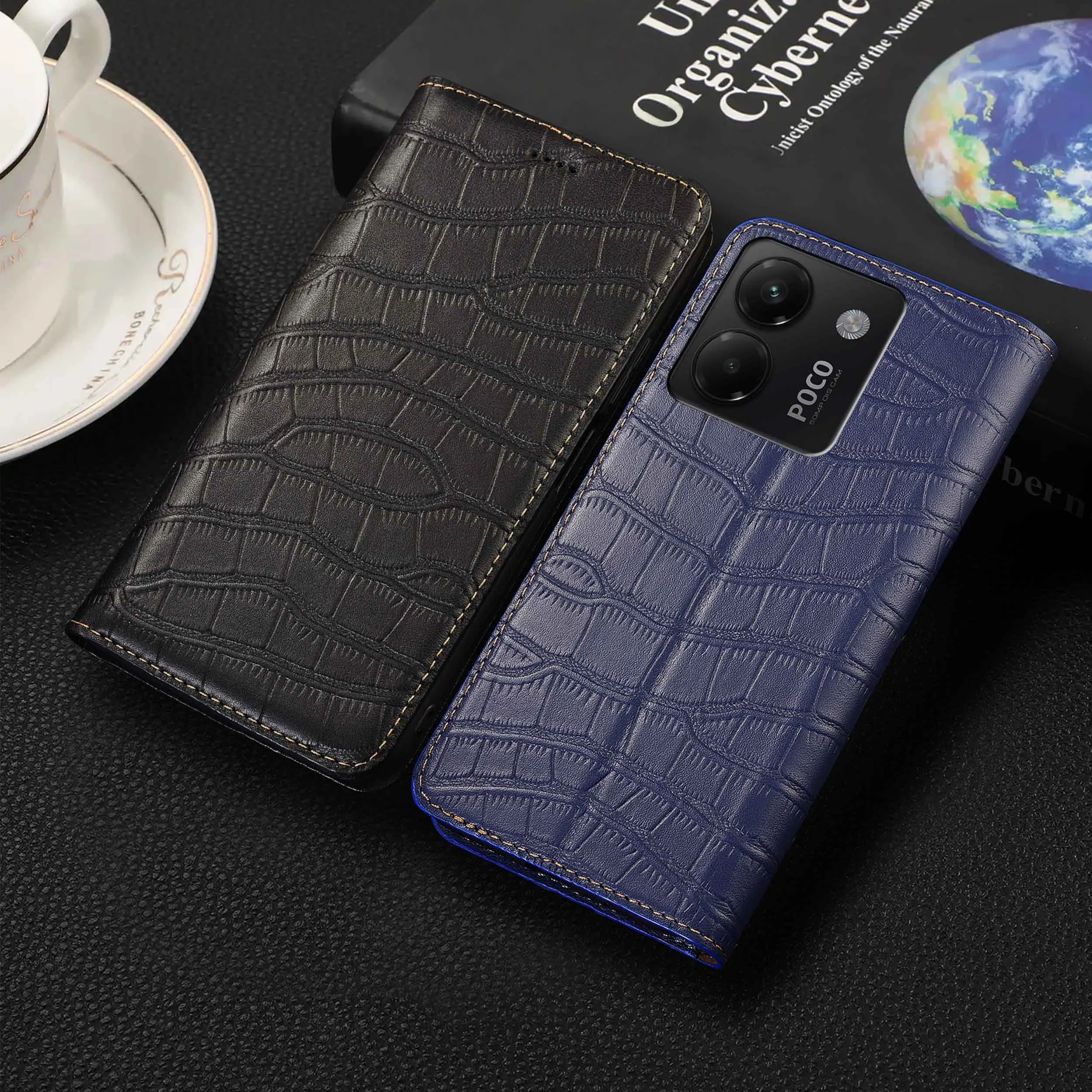 

For Xiaomi Poco M3 M4 M5 M5S M6 M7 Pro Plus 4G 5G Crocodile Belly Pattern Genuine Leather Wallet Flip Phone Cover Case Non-Slip