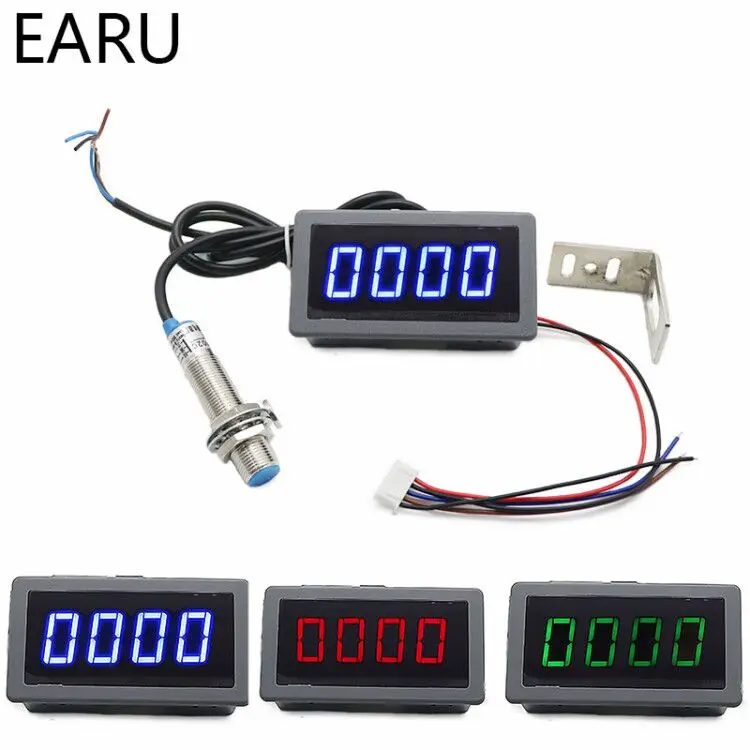 

1Set 12V 24V Measuring Gauge 4 Digital Blue/Green/Red LED Tachometer RPM Speed Meter 10-9999RPM Hall Proximity Switch Sensor NPN