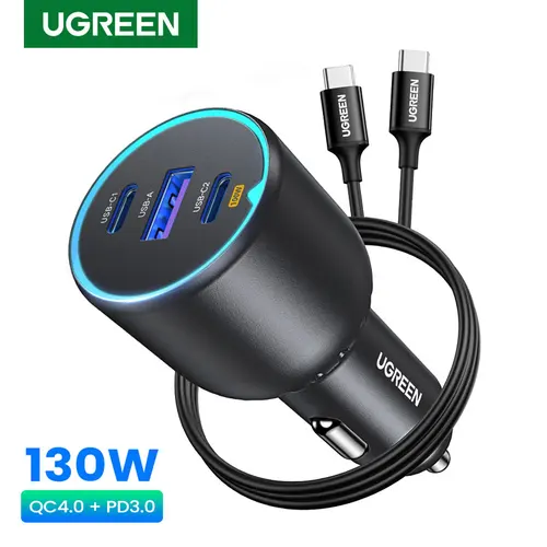 UGREEN 차량용 USB C 고속 충전기, 샤오미 아이폰 15, 삼성 갤럭시 S24 노트북용, PD 케이블 포함, QC4, 130W 