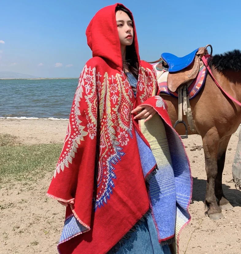 

Poncho Cloak Travel Warm Split Cape New Ethnic Style Hooded Cape with Wind Flowing Su Imitation Cashmere Shawl