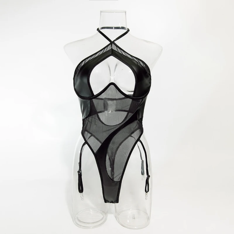

Bikini temptation one-piece leather suit, patent leather outfit, halter neck patchwork swimsuit uniform set
