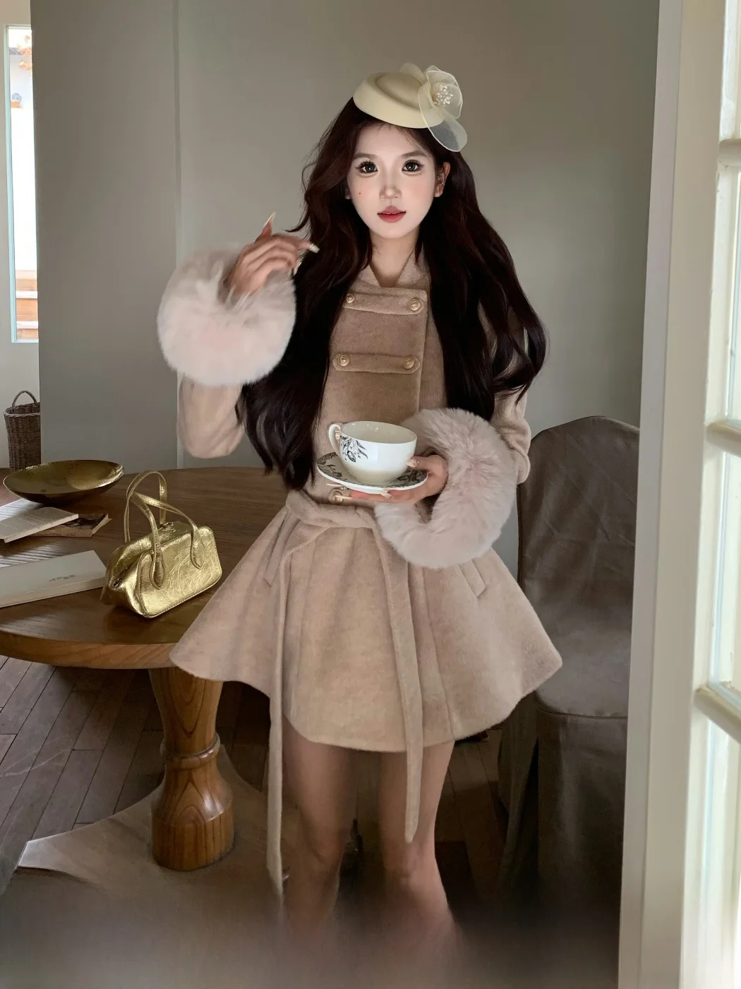 

Современное хлопковое шерстяное пальто средней длины с поясом MOXI Aospheric Thiened Design Sense, комплект пальто