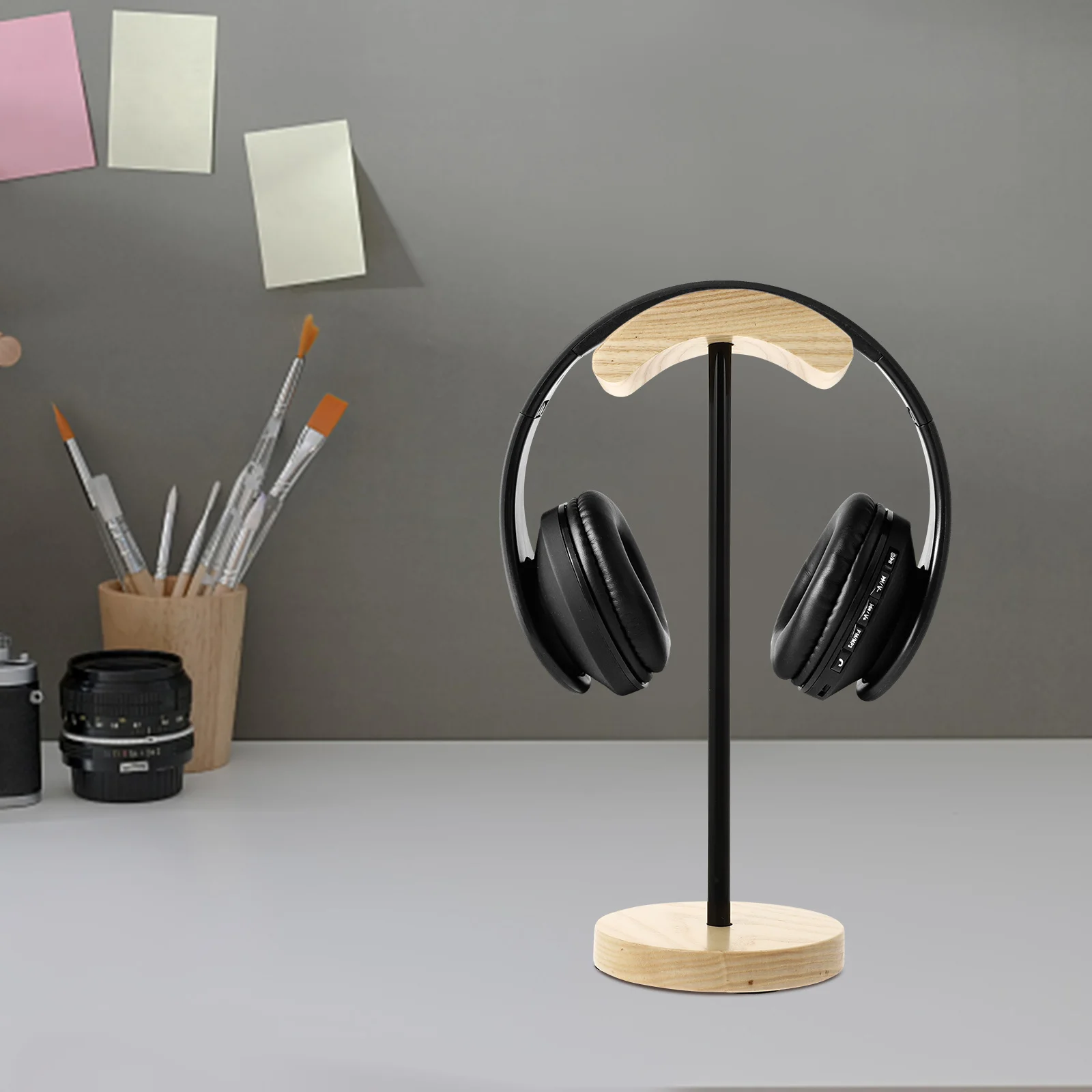 

Headphone Stand Metal Base Wood Look Headset Holder for Desk Organization Gaming Computer Headphones Home Decor Bracket