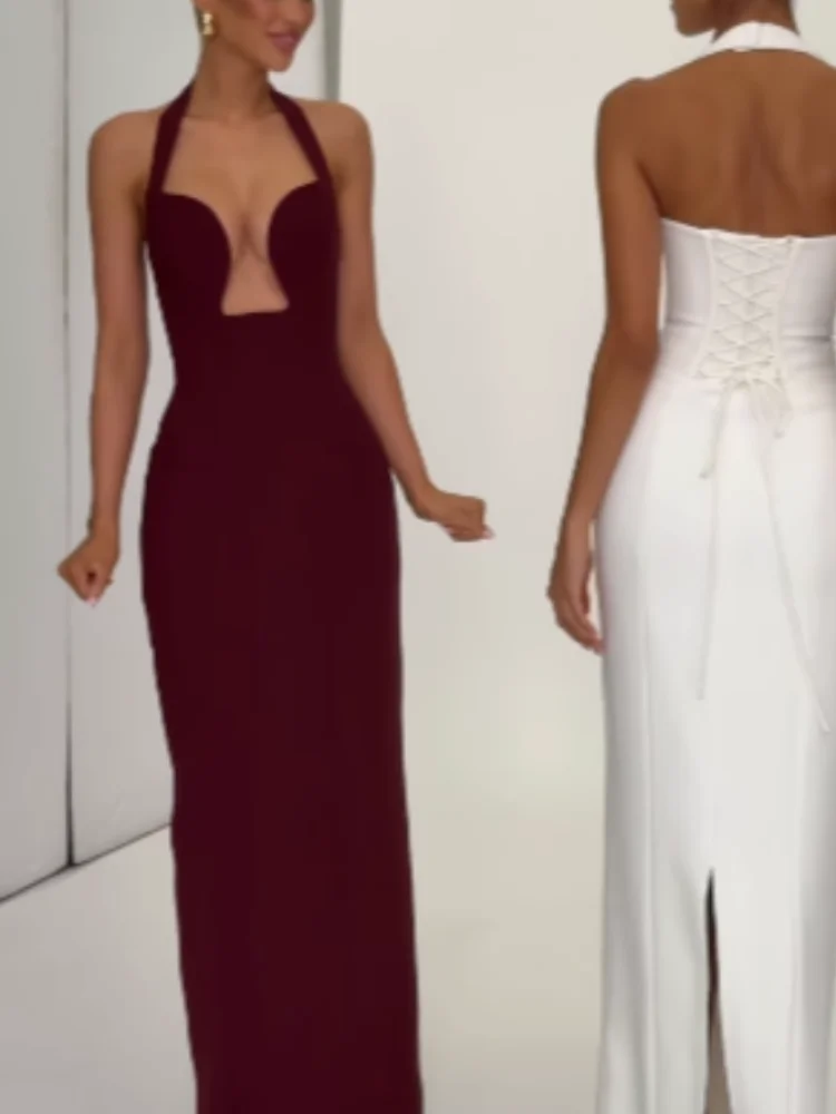 

Sexy Plunge Cut Out Bodycon Maxi Dress Solid Halter Neck Structured Corset Bust Flowy A-line Robe Formal Cocktail Event Vestidos
