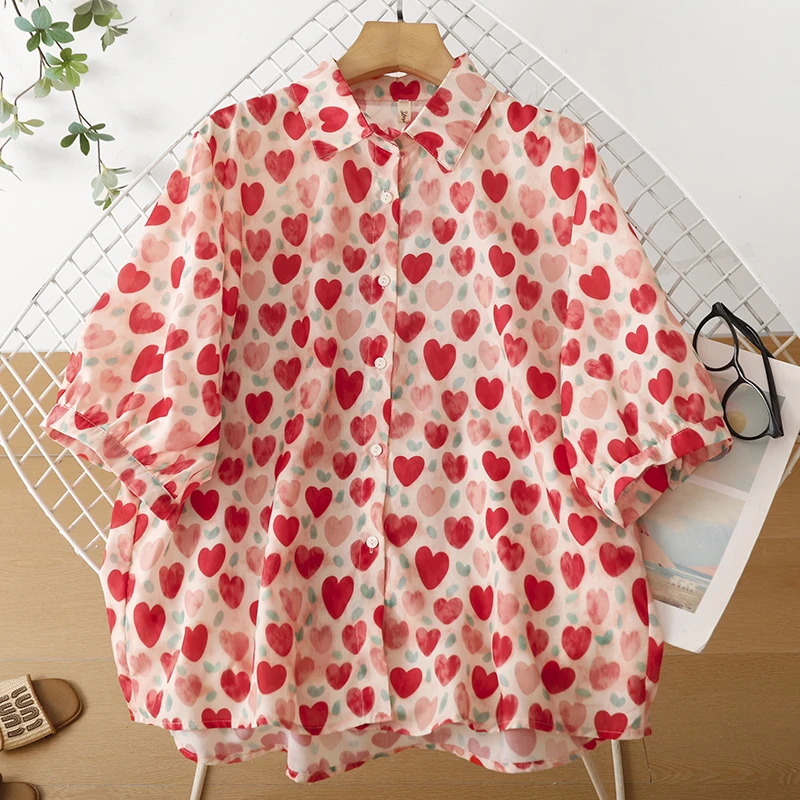 

Floral Print Breathable Light Weight Short Sleeve Collar Women's Shirt Comfortable Cotton Casual Top for Summer