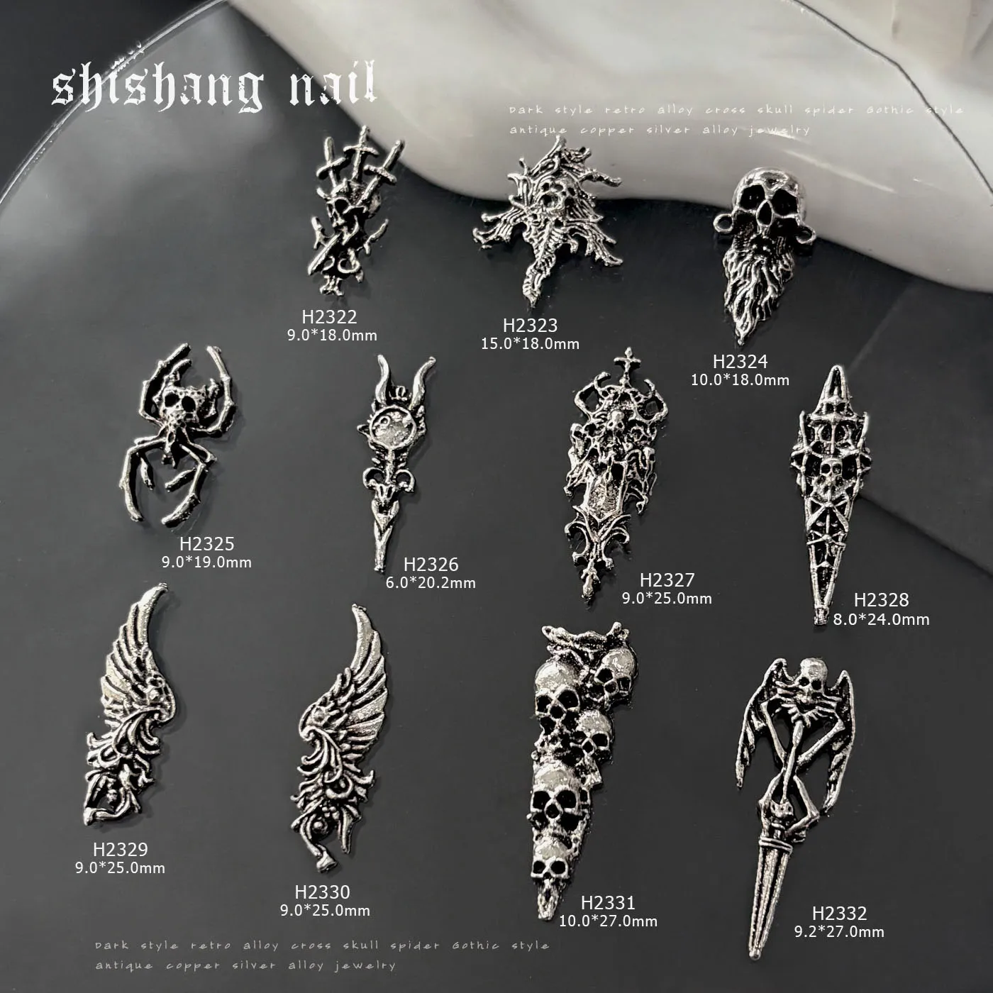 2026 NEW 10/11pcs Gothic Punk Style Nail Art Charms Antique Silver Alloy Skull and Cross Halloween Nail Decorations view 2