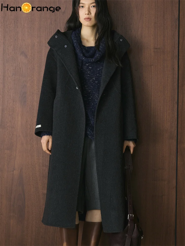 

HanOrange 2025 Winter Double Breasted Long Double-sided Woolen Coat Women Hooded Silhouette Wool Outwear Dark Gray/Light Oat