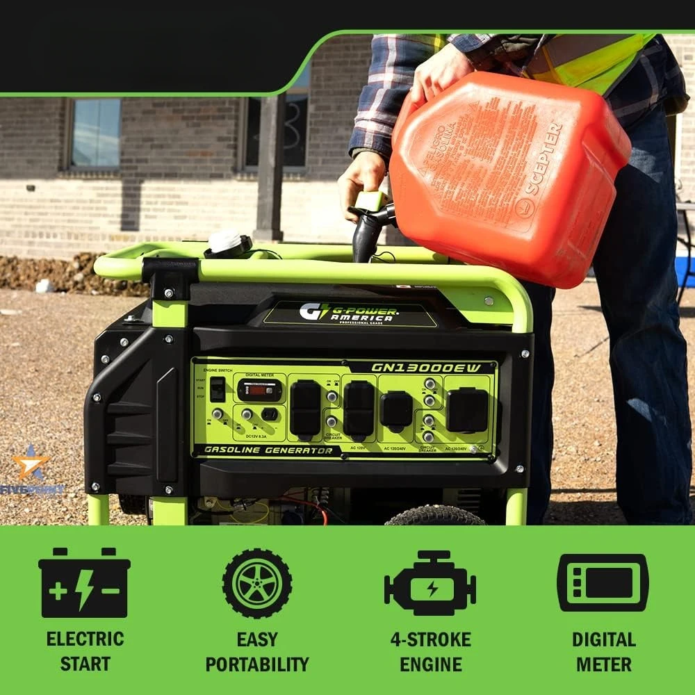 Portable Generator 13000 Watt,Gasoline Powered,Recoil/Electric Start, 12V-8.3A Charging Outlets, Home Back Up & RV Ready