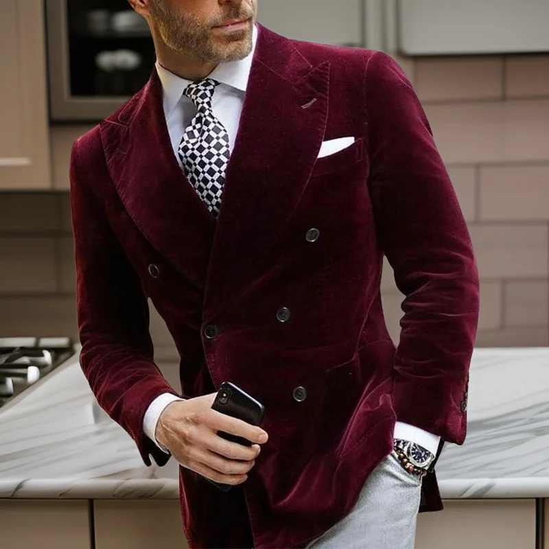 Blazer en velours à double boutonnage bordeaux pour hommes pour le dîner veste de style italien manteau de costume de fumer élégant pour la fête de