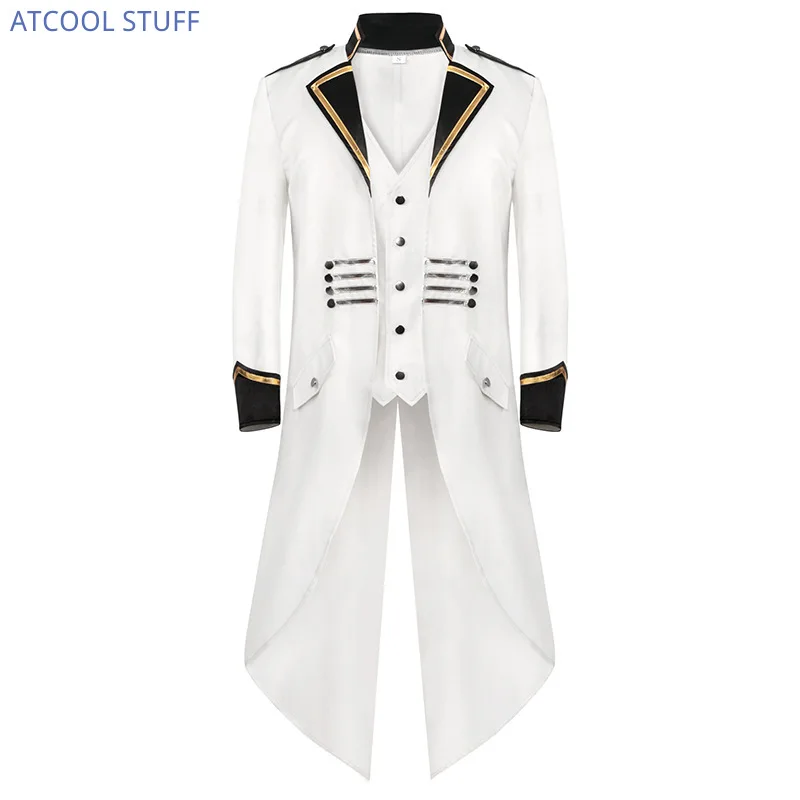 Military Medieval Men Costume White Sailor Officer Cosplay Jacket Trench Coat Victorian Renaissance Style Clothing S-4XL