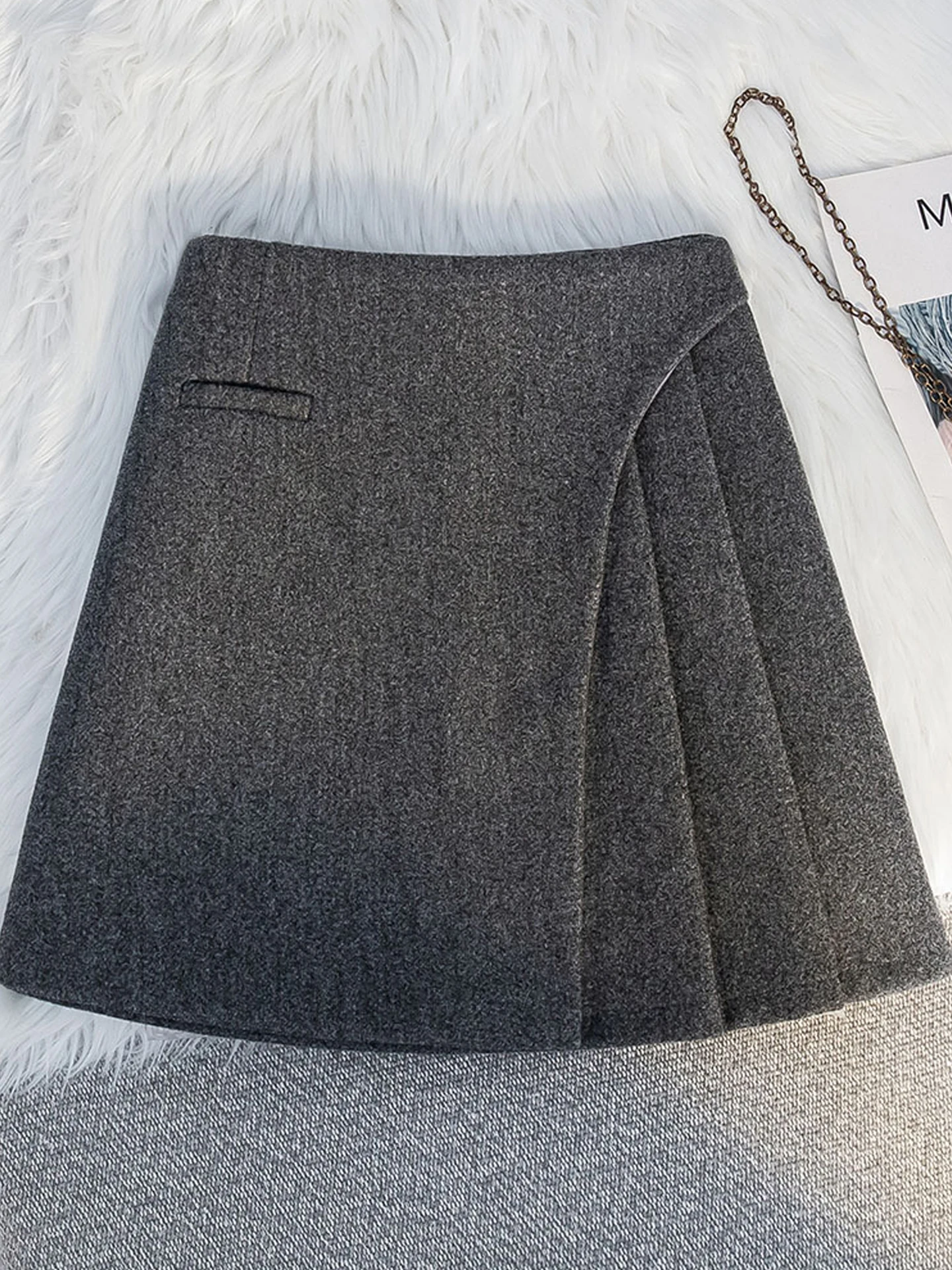 

Женская шерстяная юбка А-силуэта Ele ey: осенне-зимняя, с завышенной талией, асимметричная, плиссированная, облегающая, короткая