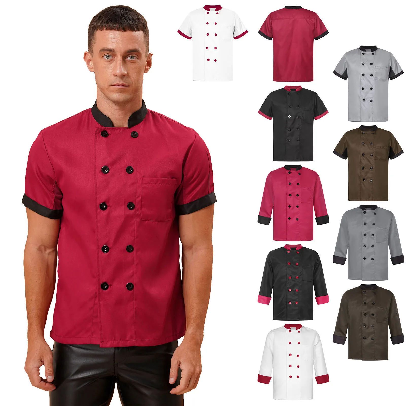 Mens Womens Chef Shirt Jacket Stand Collar Double-Breasted Cooks Coat Hotel Restaurant Bakery Kitchen Work Uniform with Pockets