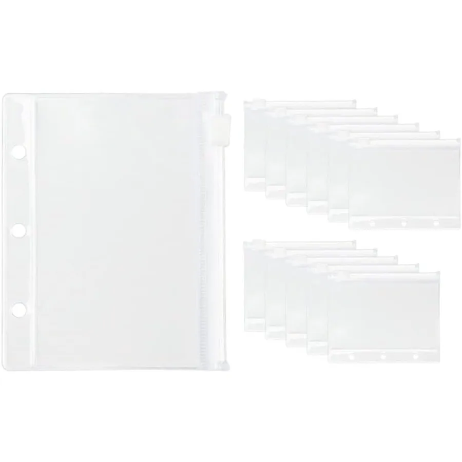 

12Pack Binder Pockets Clear Mini Size Zipper Binder Pouches Bag Waterproof Loose Leaf 3 Holes Zipper Binder Pockets for Jourl B