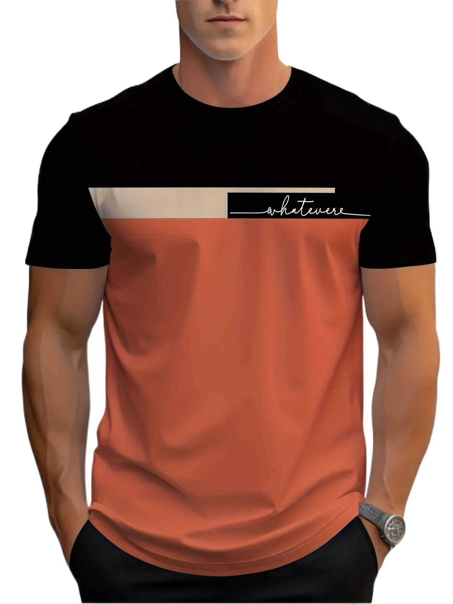 Men Color Block T‑Shirt Geometric Patchwork Handwritten Letter Print Crew Neck Short Sleeve Tops