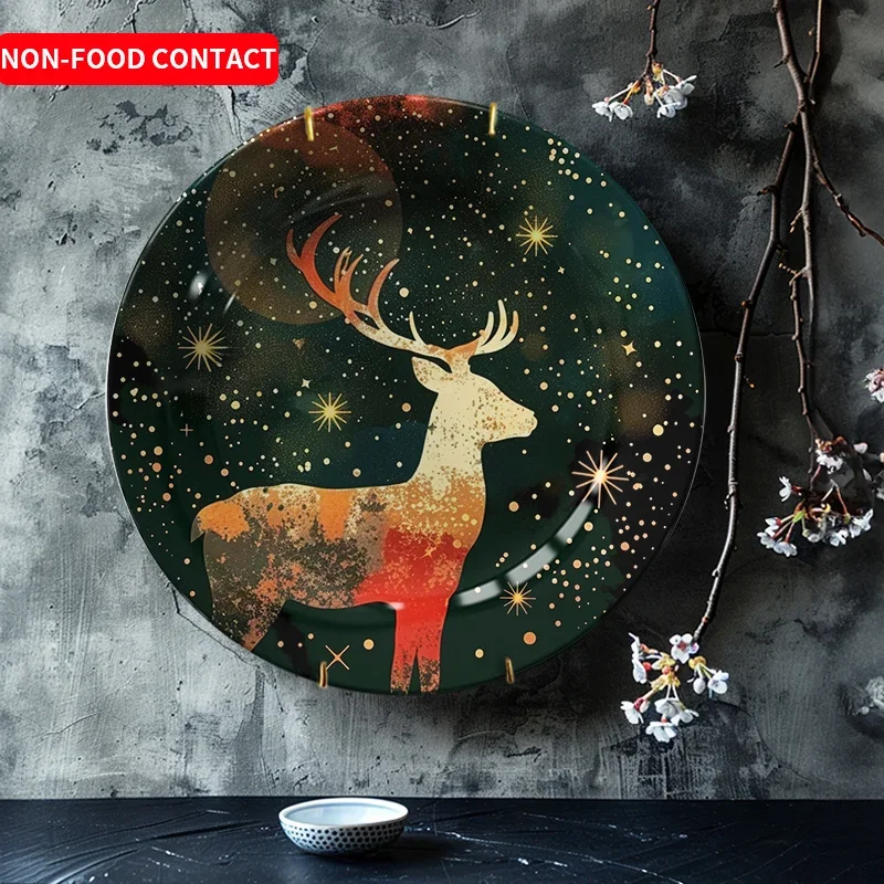 1pc Elegant Nordic Art Decorative Plate - Deer & Starry Sky Design, Non-Food Contact Ceramic Wall-Mounted Round Plate for