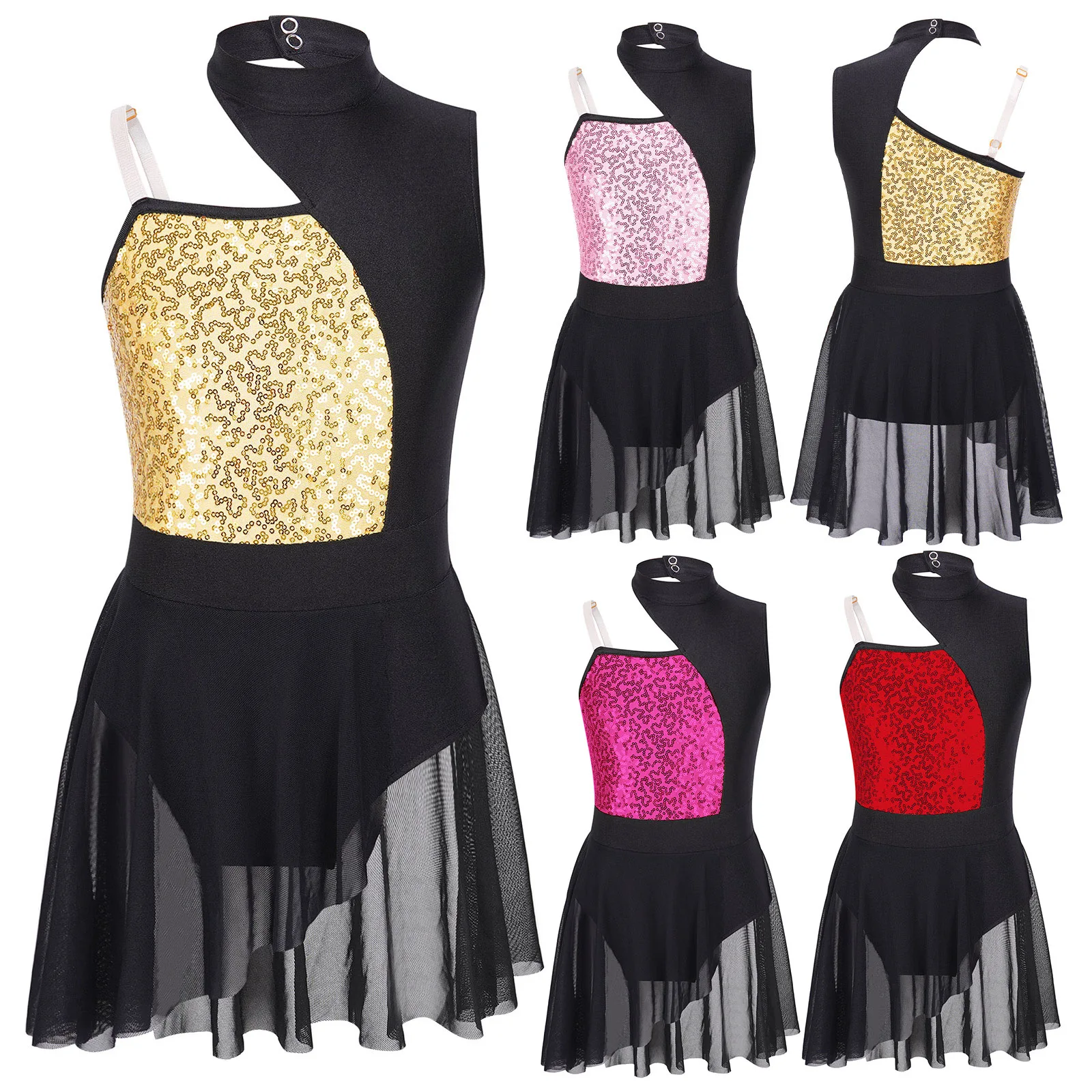 Kids Girls Dance Leotard Stylish Clothing Sleeveless Shiny Sequins Patchwork Style Modern Latin Ballet Jazz Dancing Dress