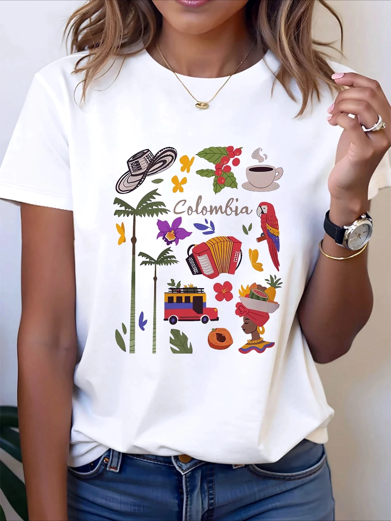Camiseta con estampado gráfico de Colombia, estilo informal para vacaciones de verano, cuello redondo, Top informal para uso diario, camiseta de manga corta Y2k para mujer