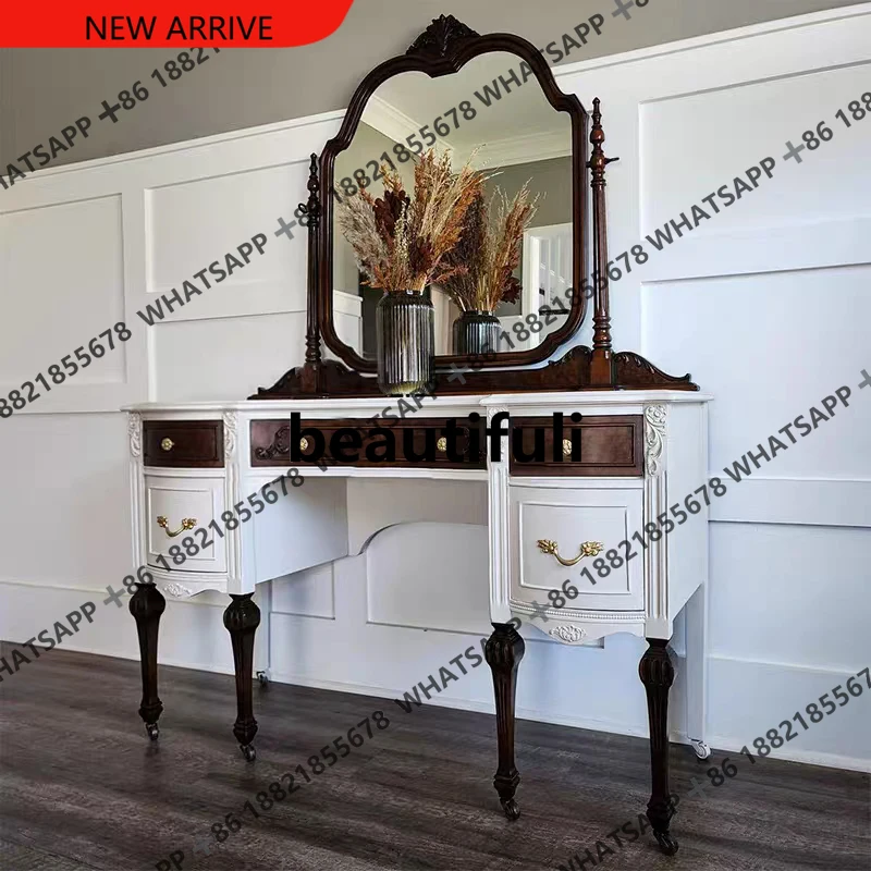 

D178 French retro solid wood dresser bedroom carved makeup table with mirror high-end writing table