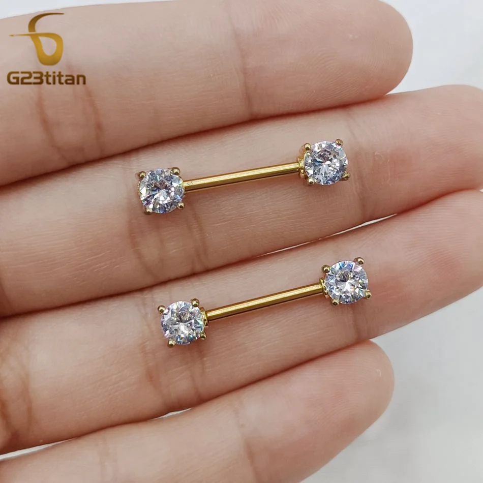 2pcs Women Sexy Jewelry 14G Bright Zircon Nipple Rings Straight Barbell Surgical Steel or Titanium Piercing Bar Beach Accessory