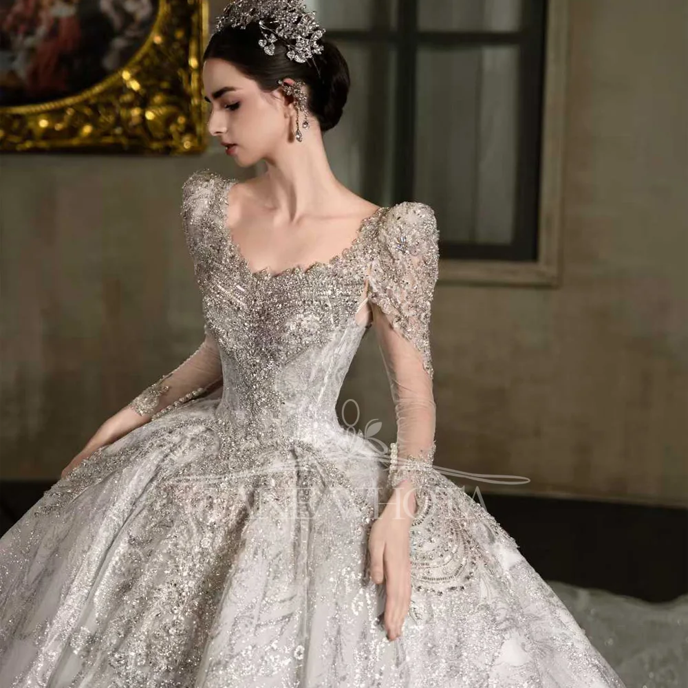 Vestidos de boda de lujo para novia con escote en forma de corazón, manga desmontable, vestido de baile con lentejuelas y cuentas personalizable