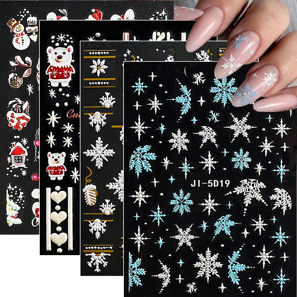 

3pcs/set Christmas Nail Stickers 3D Embossed Santa Claus Reindeer Nail Sticker Penguin Snowman Design Fake Nail for Women & Girl