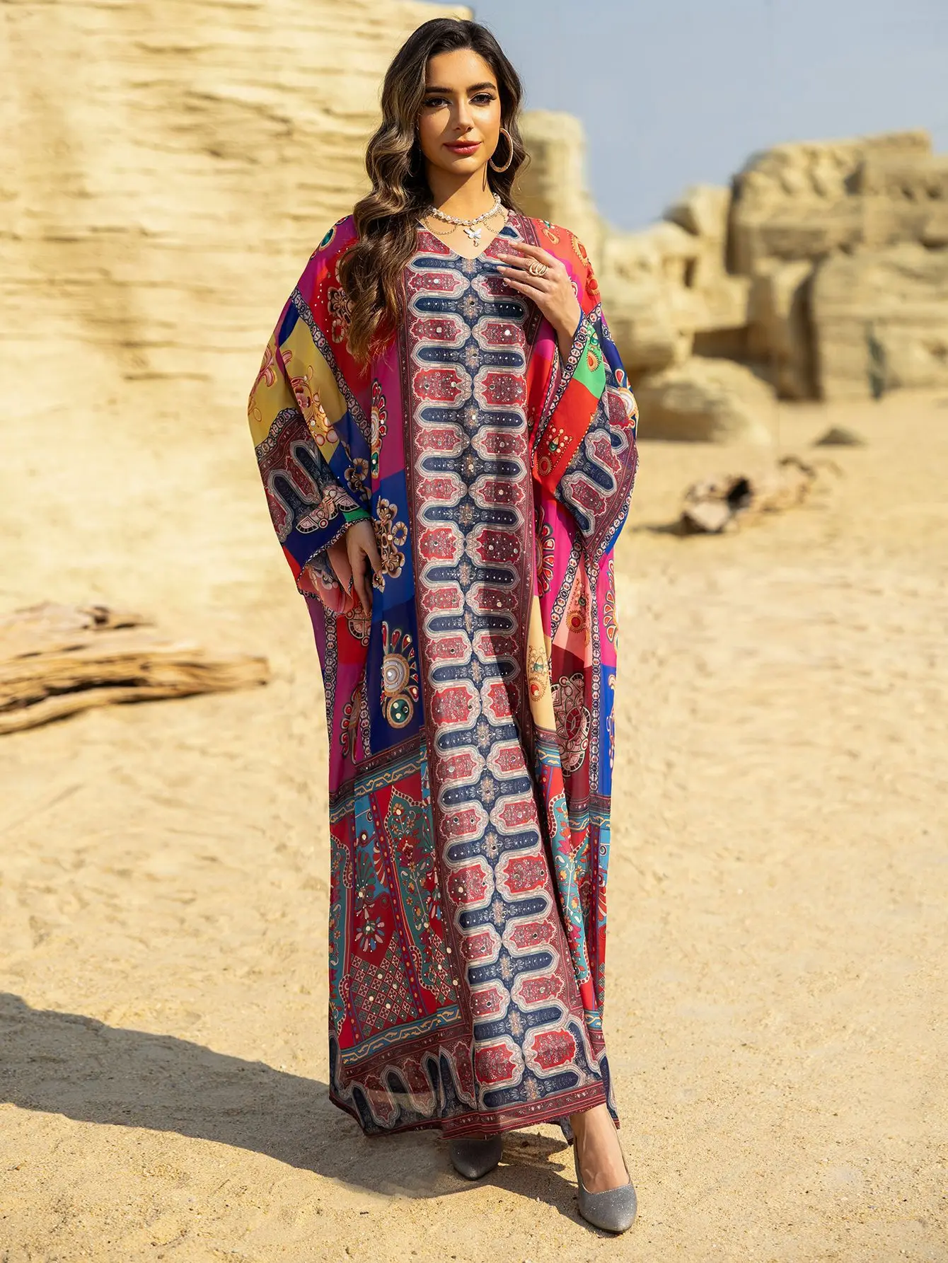 Eid femmes Robe Abaya robes Largos Jalabiya imprimer diamant manches chauve-souris Caftan Robe de soirée musulmane Ramadan maroc dubaï caftan