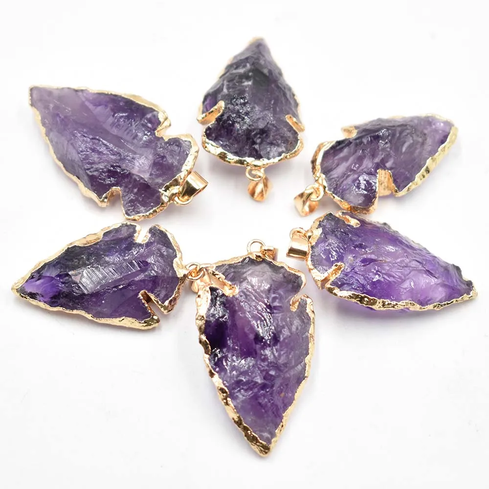 Good Quality Natural stone amethysts Arrowhead Pendant Electroplated Gold Color Raw Stone for jewelry making 6pcs/lot  Wholesale