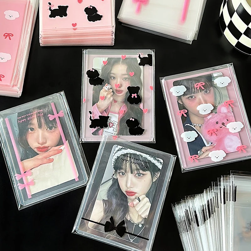 Sacchetto Opp autoadesivo con fiocco carino trasparente da 50 pezzi Kpop Idol Photo Cards sacchetto di immagazzinaggio protettivo maniche per carte fotografiche