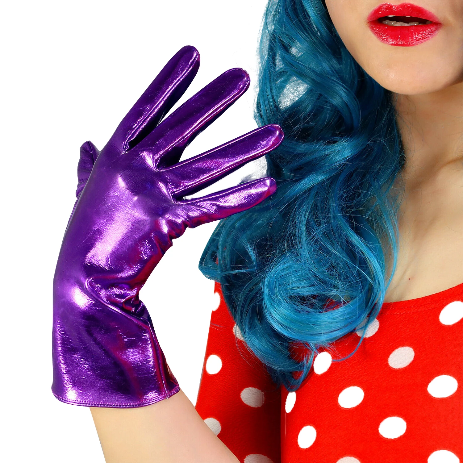 DooWay Women's Shine Dark Purple GLOVES Faux Patent Leather LATEX 28cm Wrist Long Evening Costume Christmas Fashion Show Glove