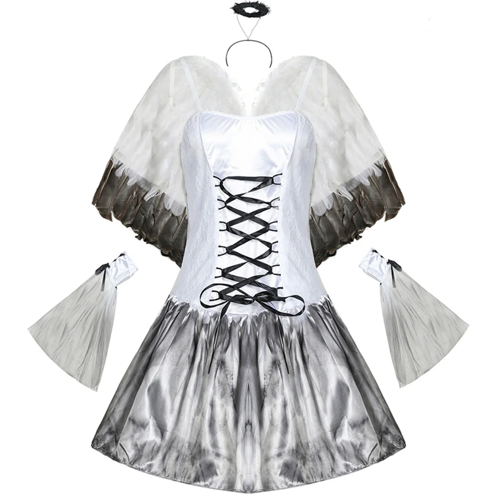 Cosplay de anjo caído escuro para mulheres, branco, Dia das Bruxas, Carnaval, Festa, Sexy, Mini vestido com halo, conjuntos de asas