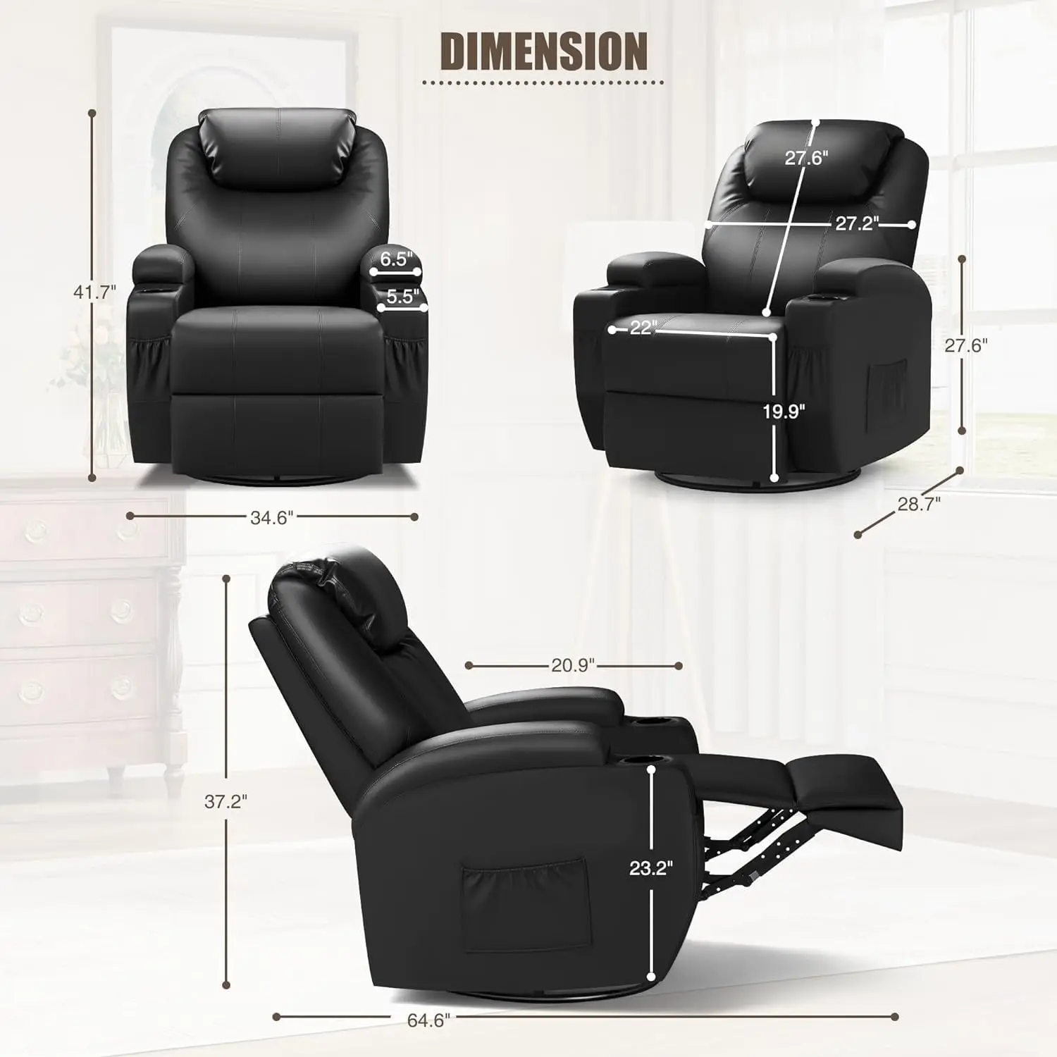 Recliner Chair, Rocking Massage Chairs, Home Reclining Sofa Chair, PU Leather, Ergonomic Living Room Chair with Cup Holders, Rem