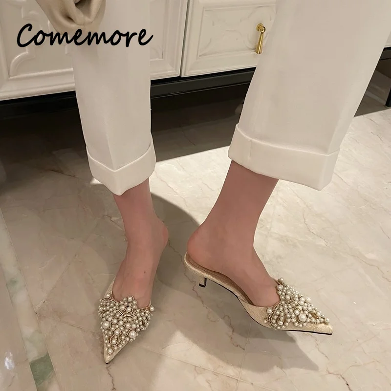 Comemore Spring Summer Mules Fashion Sexy Women Slides Shoes Elegant Pearls Slip-On Thin Heels Slippers 2023 Designer Mules 42