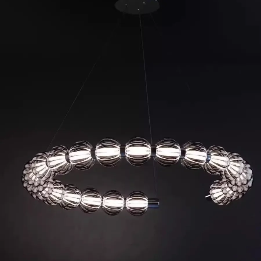 SANDYHA Modern Luxury Ring Chandeliers C-shaped Glass Beads LED Pendant Lamp for Bedroom Living Dining Room Lighting Fixtures