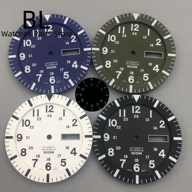 BLIGER NH36 esfera del reloj 34,3mm gran campo piloto esfera del reloj negro blanco doble escala luminosa semana fecha ventana ajuste movimiento NH36