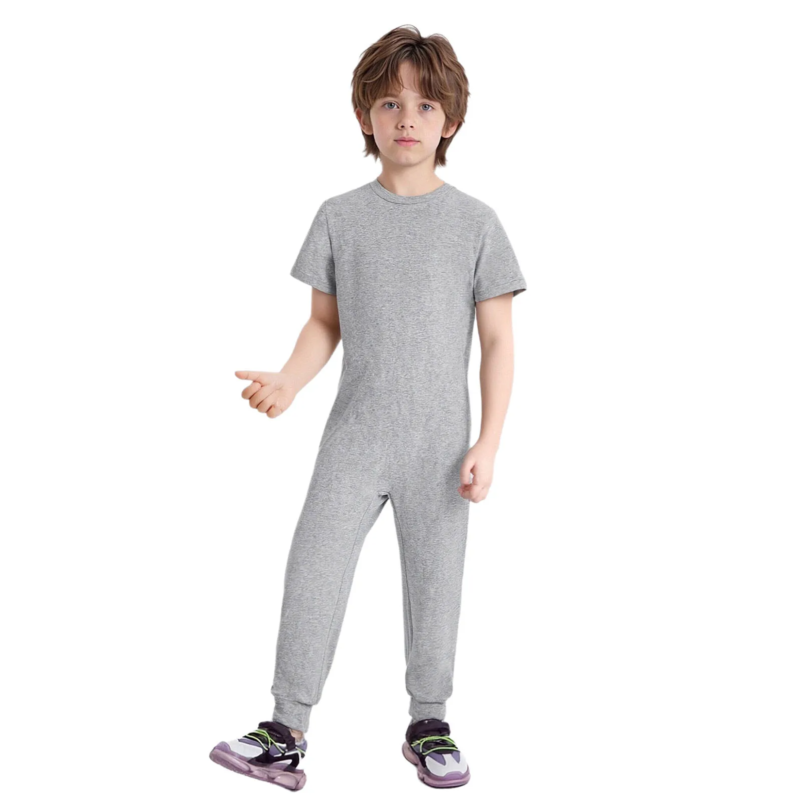 Unisex Kids Boys Girls Special Needs Rompers Adaptive Clothing Short Sleeve Back Invisible Zipper Solid Color Full Body Jumpsuit