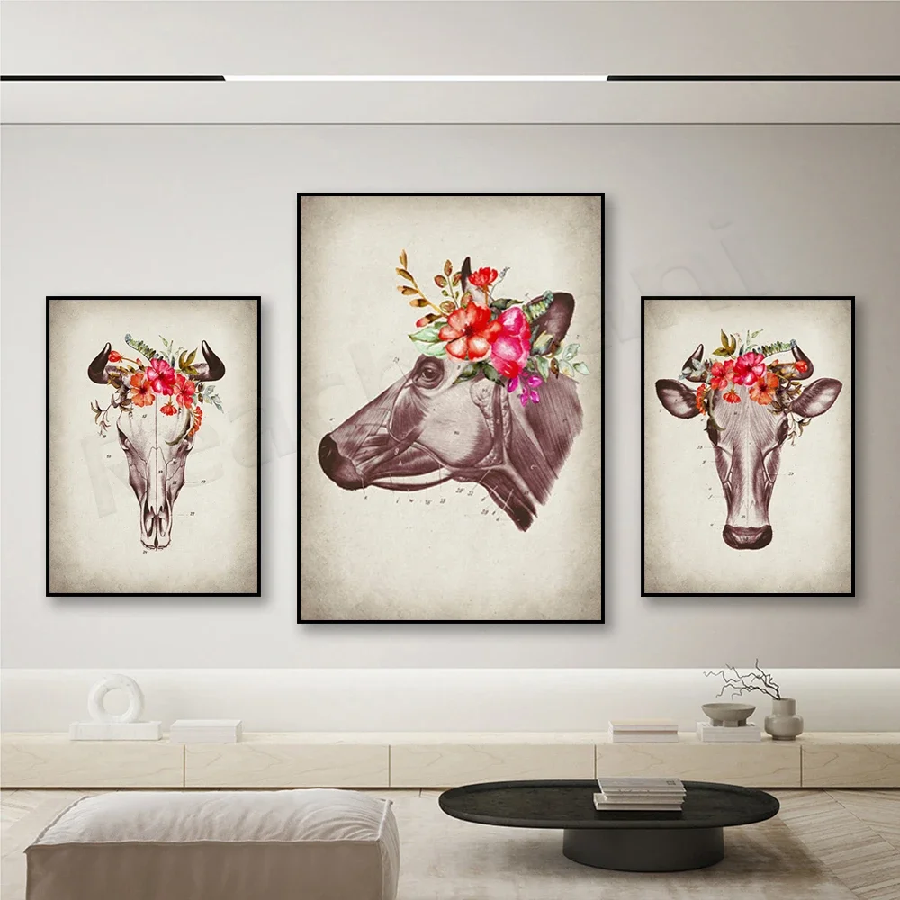 Floral Cow Anatomy Art, Vintage Veterinary Art Cow Physiology Buffalo Veterinary Clinic Decor, Veterinary Gifts Biologist Gifts