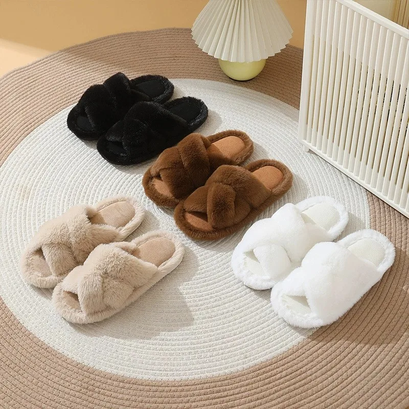 Women's Fluffy Cross Strap Fur Slippers Lightweight Soft Warm Plush House Slippers Woman Autumn Winter Flat Indoor Fuzzy Slides view 6