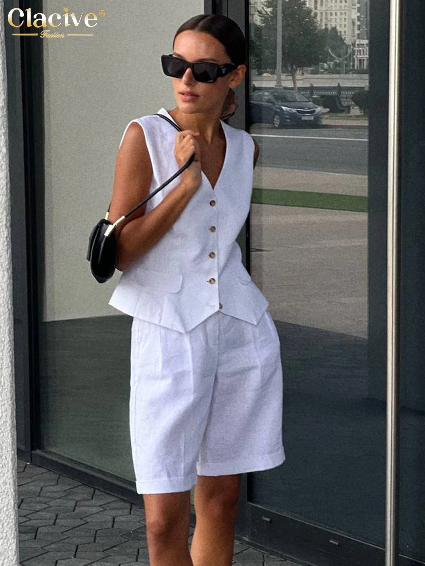 Clacive Summer Slim White Linen Office 2 Piece Sets Women Outfit Fashion Sleeveless Tank Top With High Waist Shorts Set Female