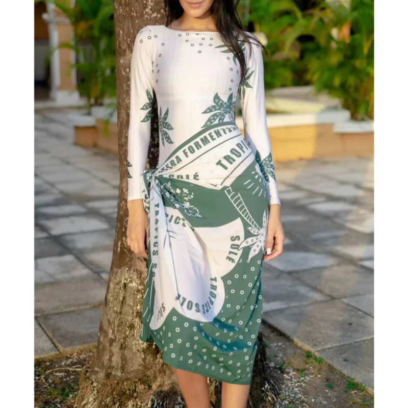 ملابس السباحة انقسام الرياضة تنورة على غرار المرأة المطبوعة طويلة الأكمام واقية من الشمس ملابس السباحة قطعتين أنماط متعددة الراحة ثوب السباحة