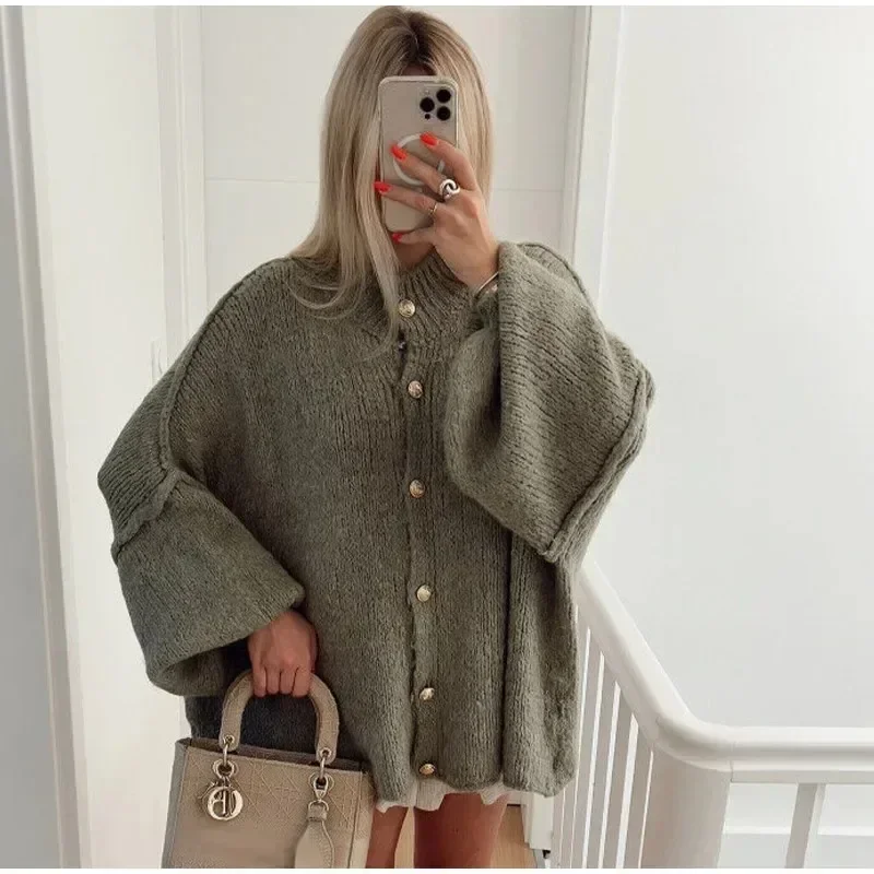 Spring Chic O-neck Cardigan Sweater Women 2024 Lantern Sleeve Oversized Warm Sweaters Female Elegant Loose Lady Street Knitwear