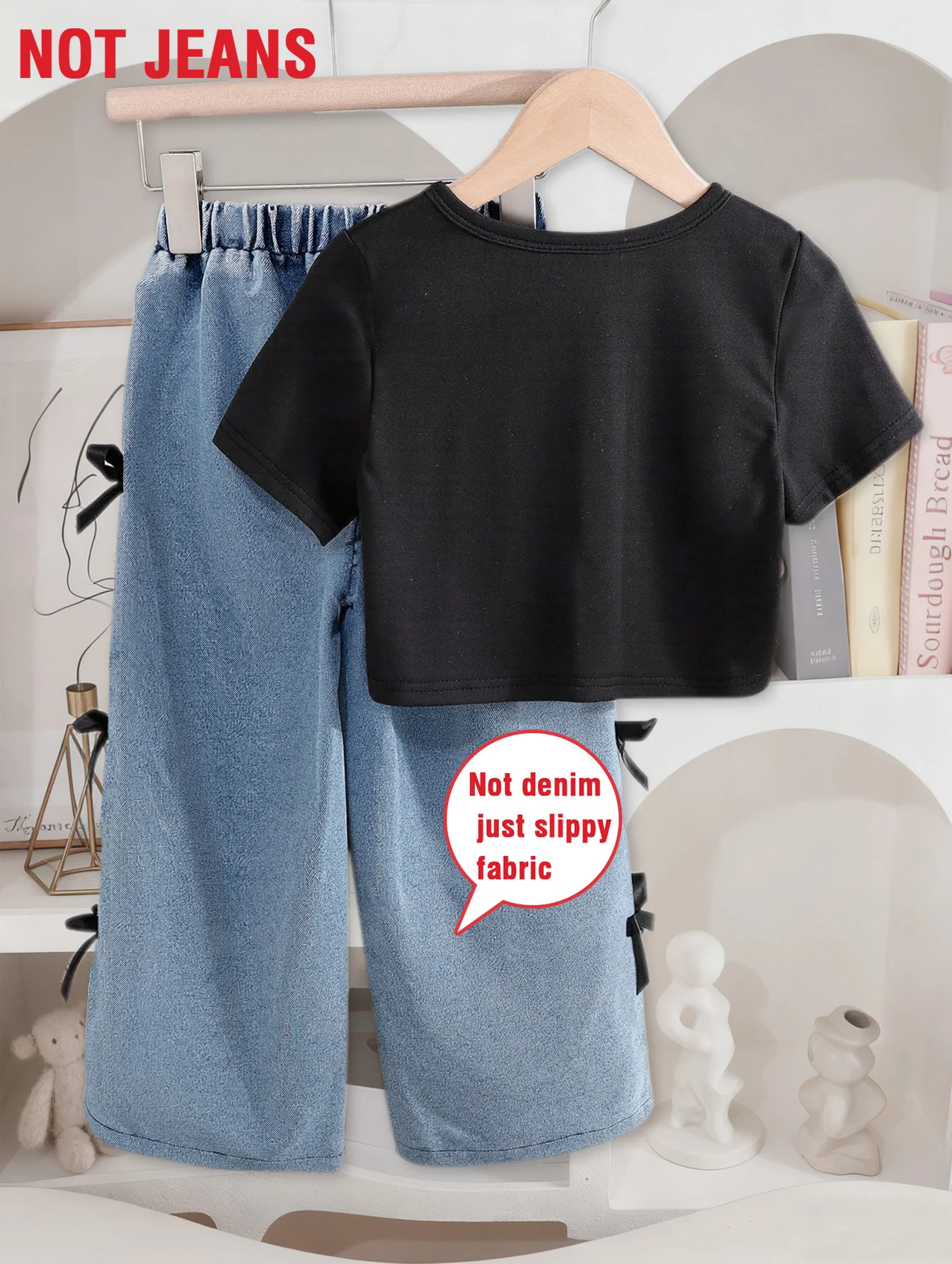 Girls Bow Print Cropped T‑Shirt & Denim‑Look Wide Leg Pants 2‑Piece Summer Kids Set 4‑8Y