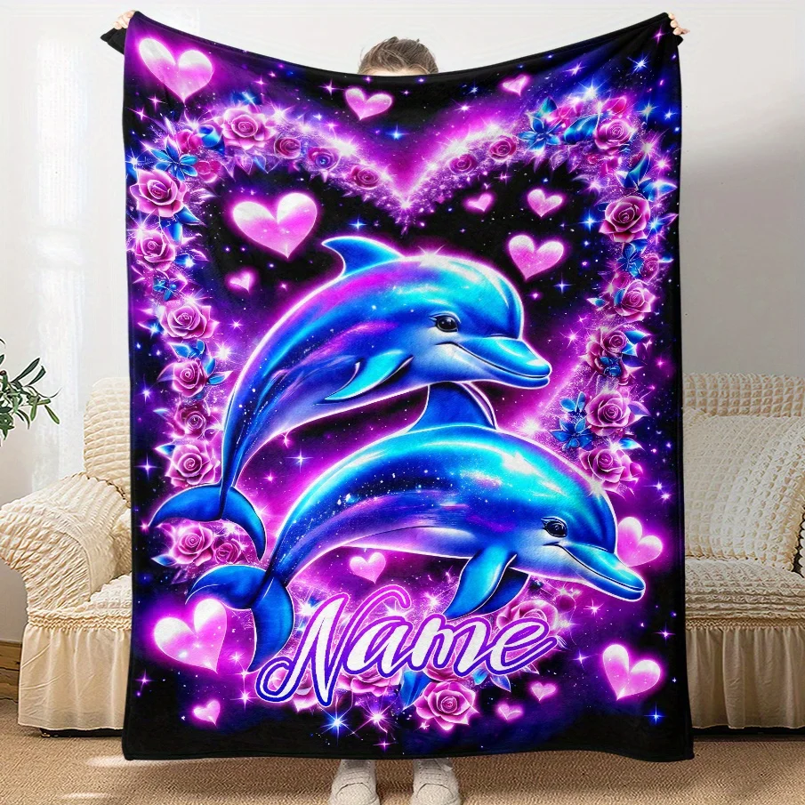 1pc Personalized and luxurious dolphin flannel blanket, suitable for all seasons, lightweight knitted fabric, fantasy theme